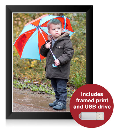 Outdoor photo shoot with framed print and USB drive